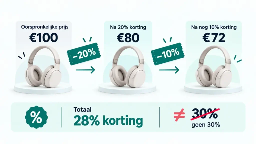 Korting berekenen: 20% en 10% stapelkorting geeft 28%, geen 30%