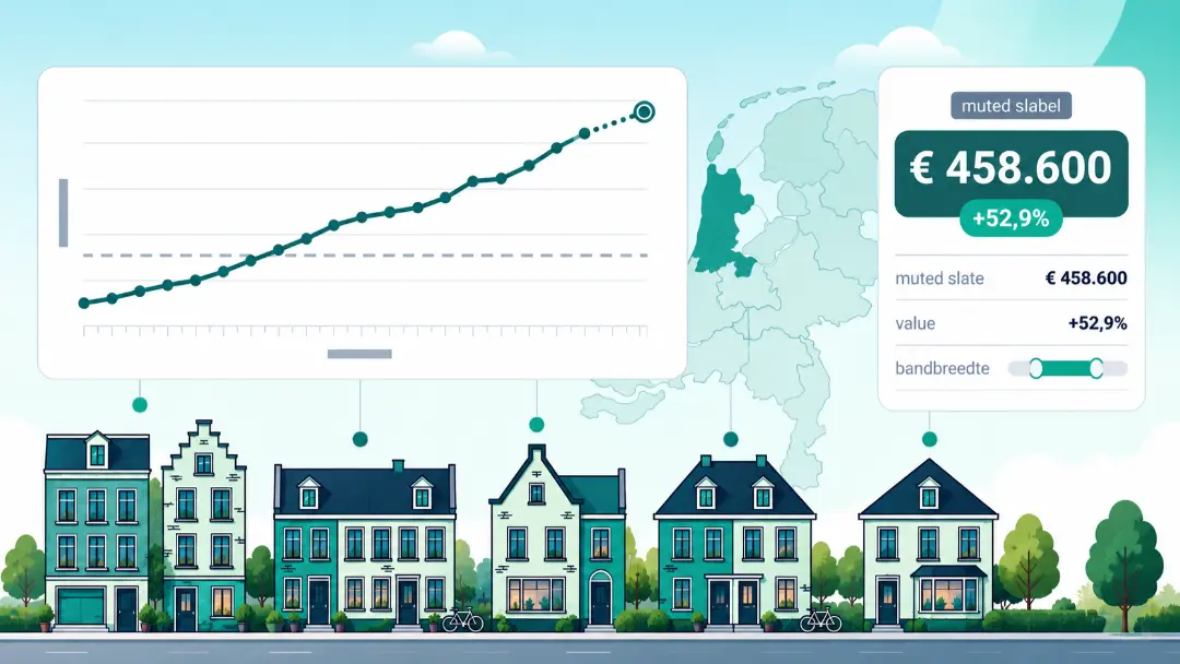 Woningwaarde berekenen: prijsindexgrafiek en voorbeeldwaarde naast vijf Nederlandse woningtypes